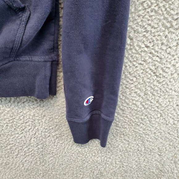 Men's XS Navy Blue  Champion Powerblend Hoodie Embroidered Logo Top Right - Picture 2 of 7